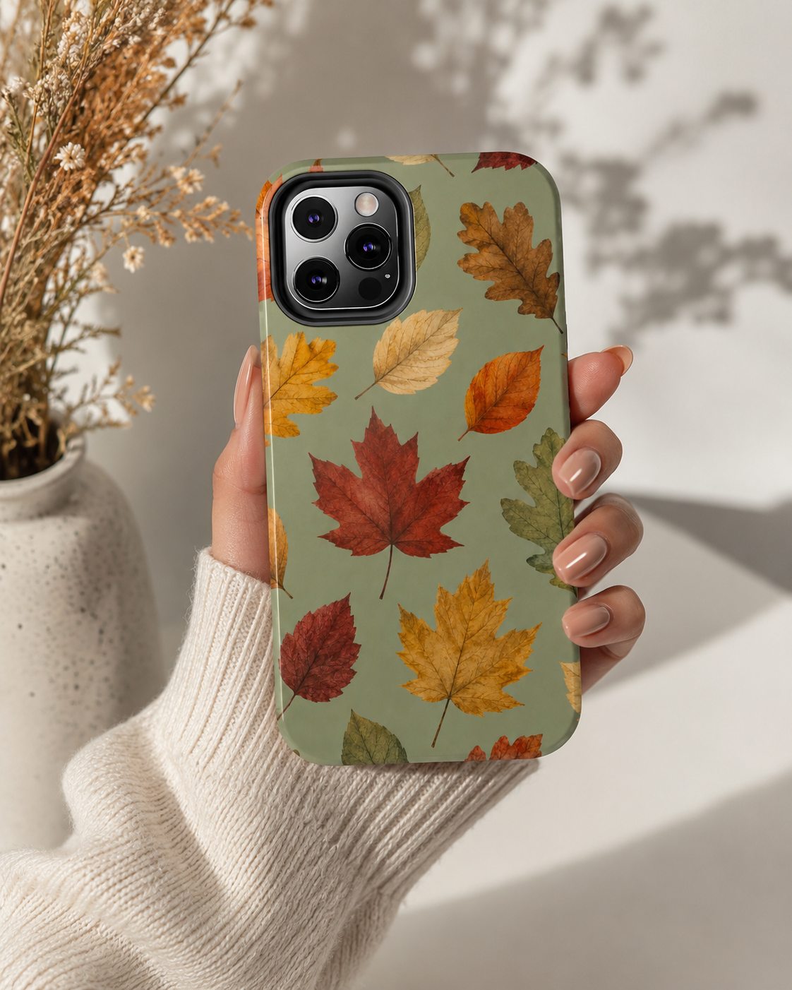 Autumn Leaves Phone Case | Sage Green Fall Aesthetic iPhone & Samsung Case | Cute Cozy Maple Leaf Protective Cover | Thanksgiving Gift