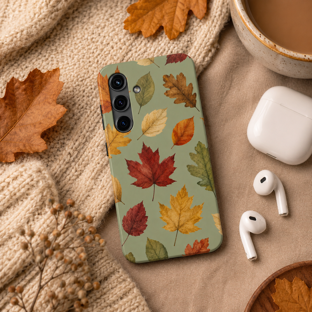 Autumn Leaves Phone Case | Sage Green Fall Aesthetic iPhone & Samsung Case | Cute Cozy Maple Leaf Protective Cover | Thanksgiving Gift