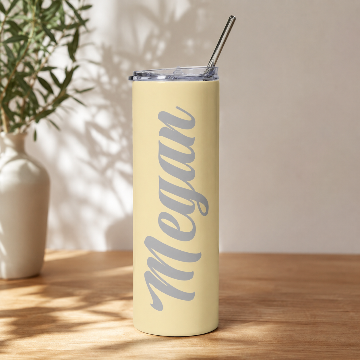 Personalized Pastel Yellow Name Tumbler 20oz with Straw | Custom Skinny Stainless Steel Travel Cup | Bridesmaid Gift | Birthday Gift | Teacher Gift | Personalized Insulated Travel Cup