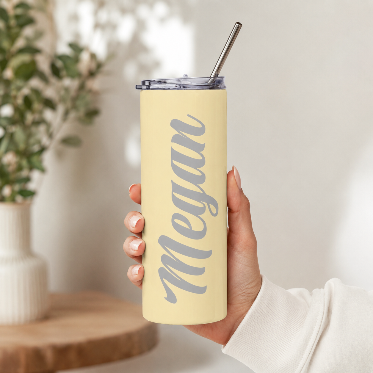 Personalized Pastel Yellow Name Tumbler 20oz with Straw | Custom Skinny Stainless Steel Travel Cup | Bridesmaid Gift | Birthday Gift | Teacher Gift | Personalized Insulated Travel Cup