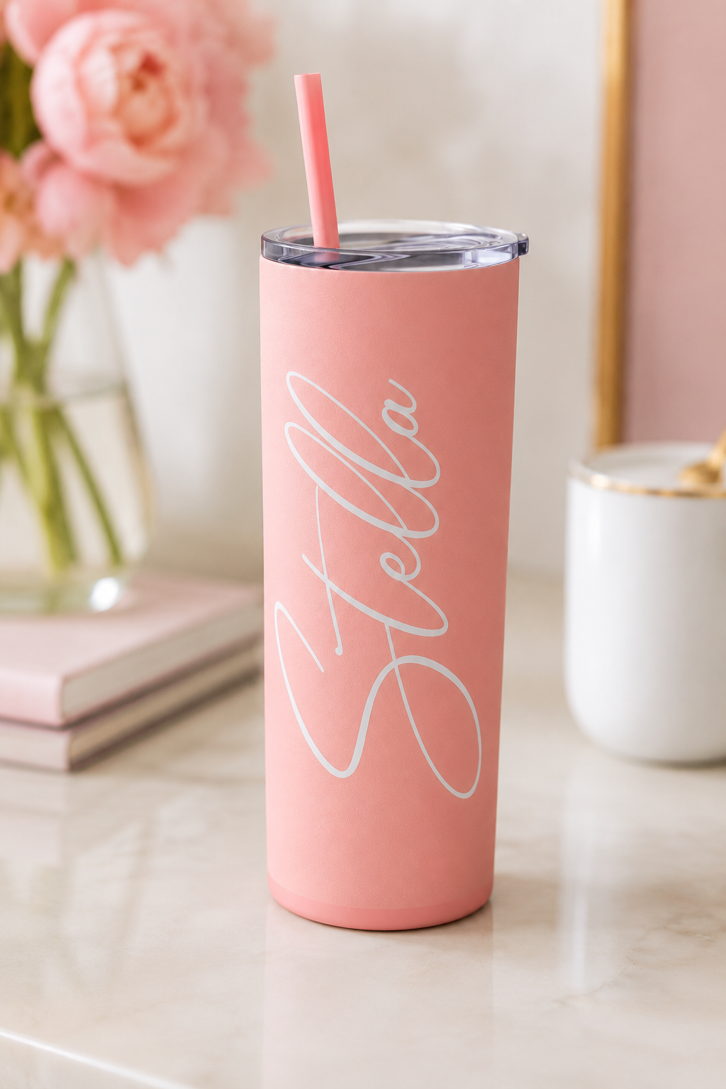 Personalized 20oz Skinny Tumbler with Straw | Custom Name Insulated Stainless Steel Cup | Cute Gift for Her | Bridesmaid Gift