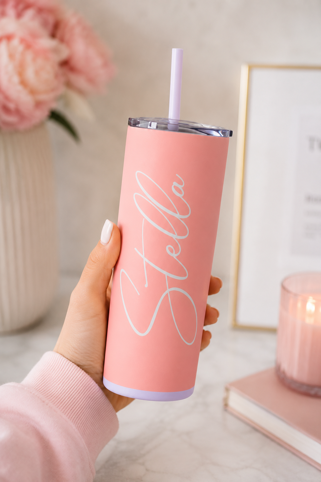 Personalized 20oz Skinny Tumbler with Straw | Custom Name Insulated Stainless Steel Cup | Cute Gift for Her | Bridesmaid Gift