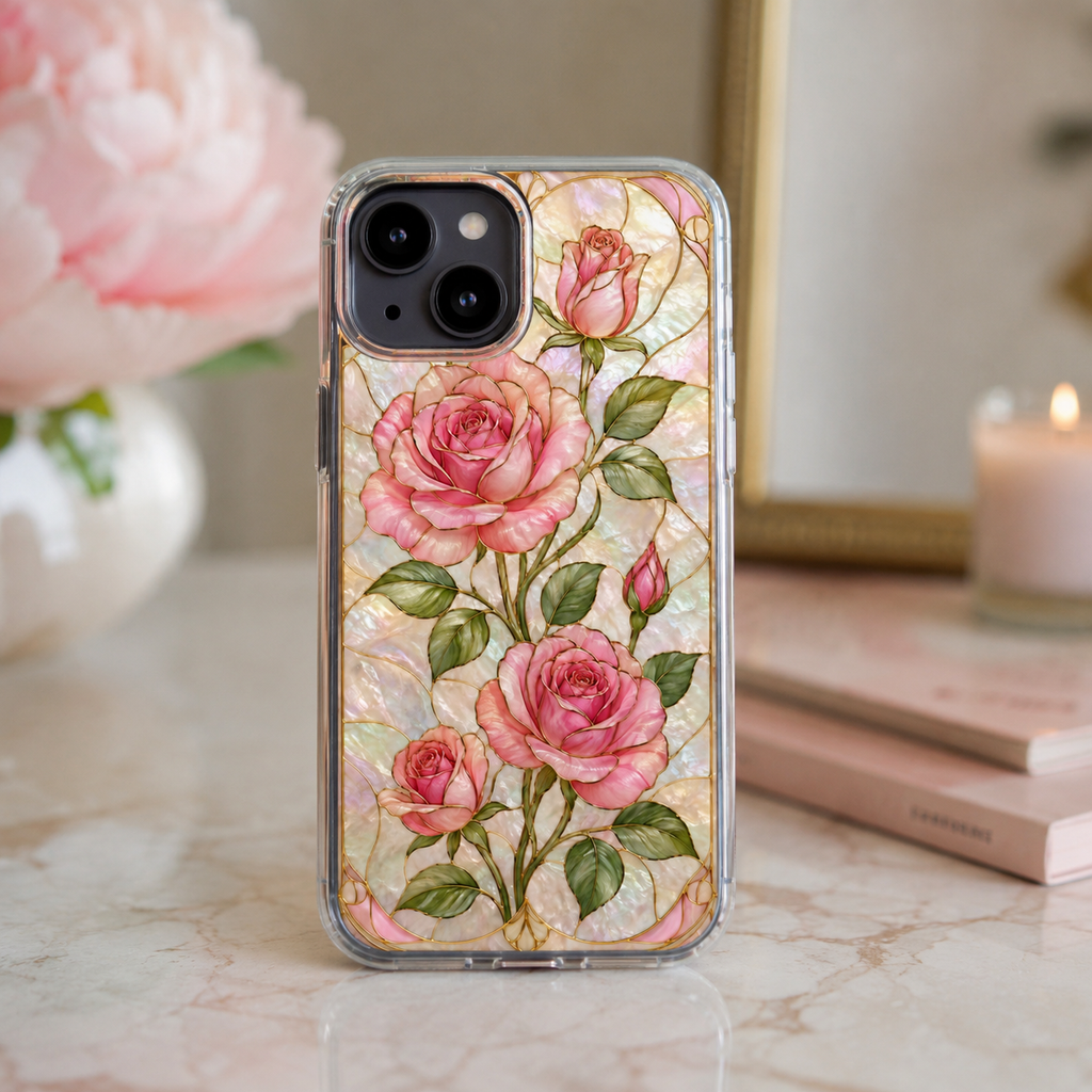 Pink Rose Stained Glass Clear Phone Case | Floral iPhone Case | Elegant Coquette Protective Cover | Gift for Her