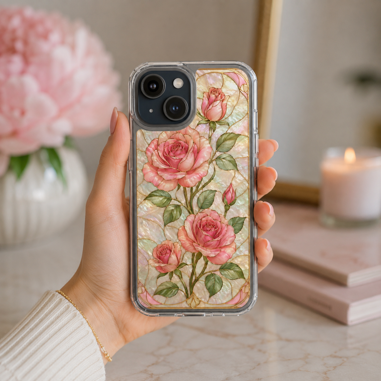 Pink Rose Stained Glass Clear Phone Case | Floral iPhone Case | Elegant Coquette Protective Cover | Gift for Her