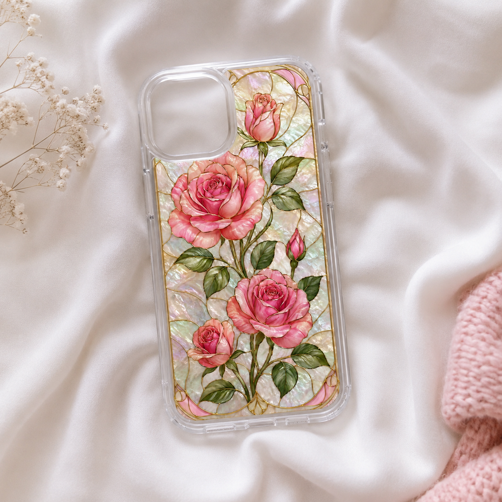 Pink Rose Stained Glass Clear Phone Case | Floral iPhone Case | Elegant Coquette Protective Cover | Gift for Her