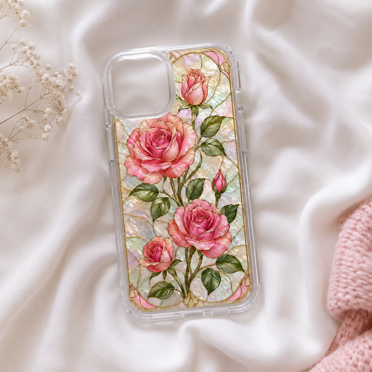 Pink Rose Stained Glass Clear Phone Case | Floral iPhone Case | Elegant Coquette Protective Cover | Gift for Her