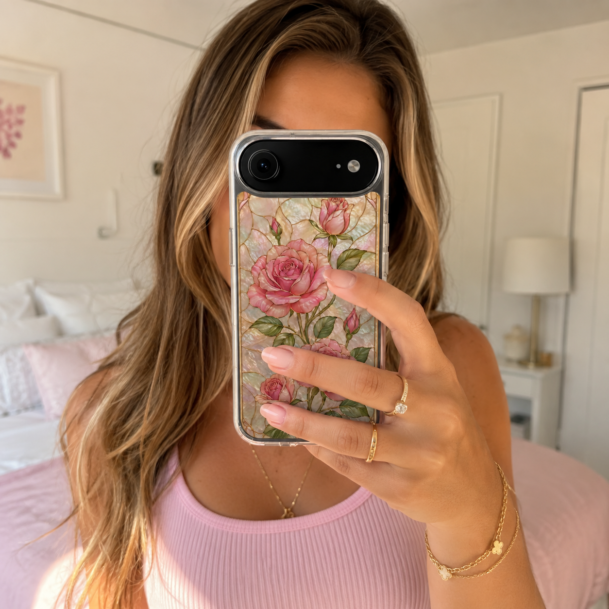 Pink Rose Stained Glass Clear Phone Case | Floral iPhone Case | Elegant Coquette Protective Cover | Gift for Her