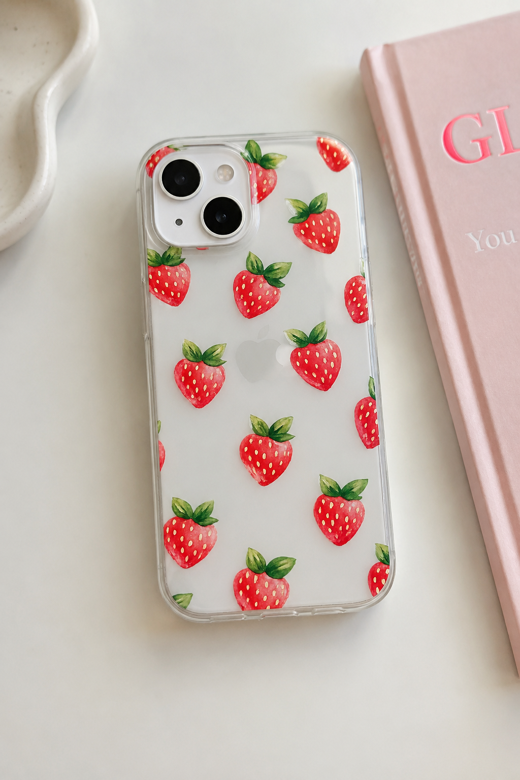 Cute Strawberry Clear iPhone Case | Pink Aesthetic Coquette Phone Case | Watercolor Strawberry Pattern | iPhone 15, 14, 13, 16 & Samsung Galaxy
