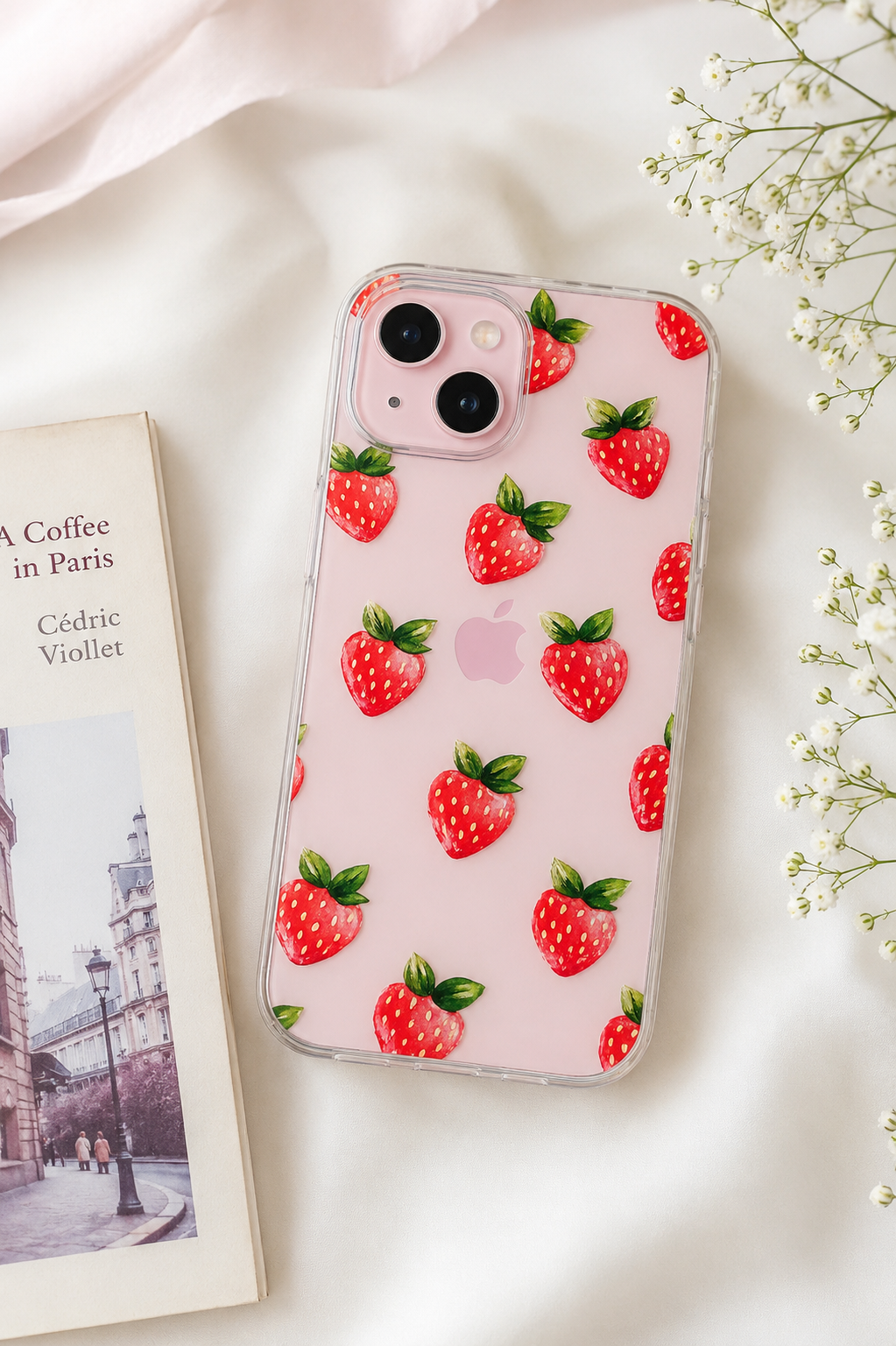 Cute Strawberry Clear iPhone Case | Pink Aesthetic Coquette Phone Case | Watercolor Strawberry Pattern | iPhone 15, 14, 13, 16 & Samsung Galaxy