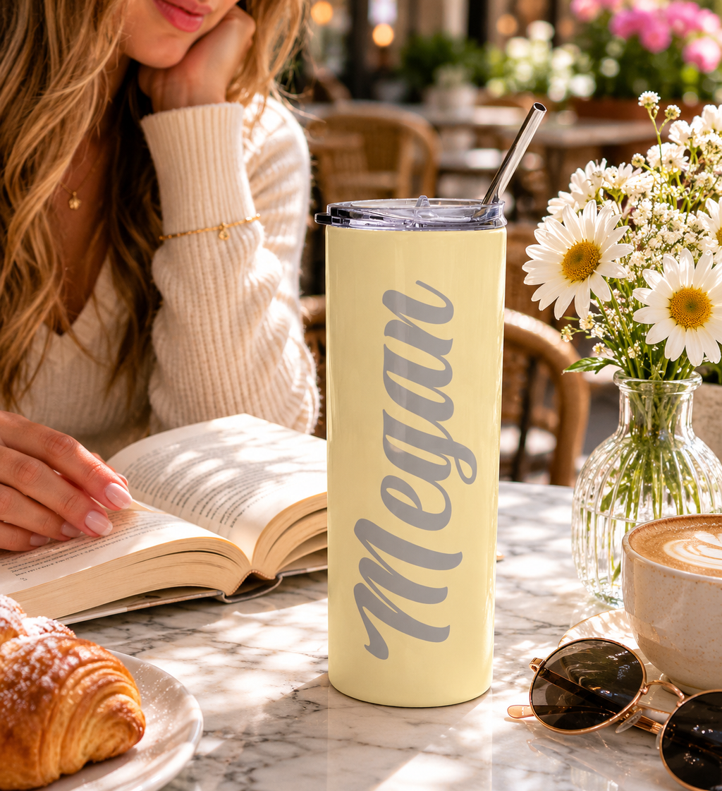 Personalized Pastel Yellow Name Tumbler 20oz with Straw | Custom Skinny Stainless Steel Travel Cup | Bridesmaid Gift | Birthday Gift | Teacher Gift | Personalized Insulated Travel Cup