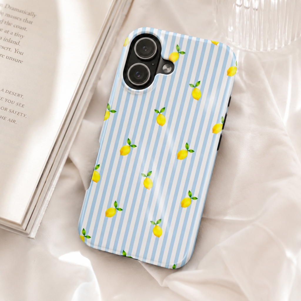 Lemon Blue Stripe Phone Case | Cute Summer Citrus iPhone & Samsung Case | Aesthetic Coastal Protective Cover | Gift for Her