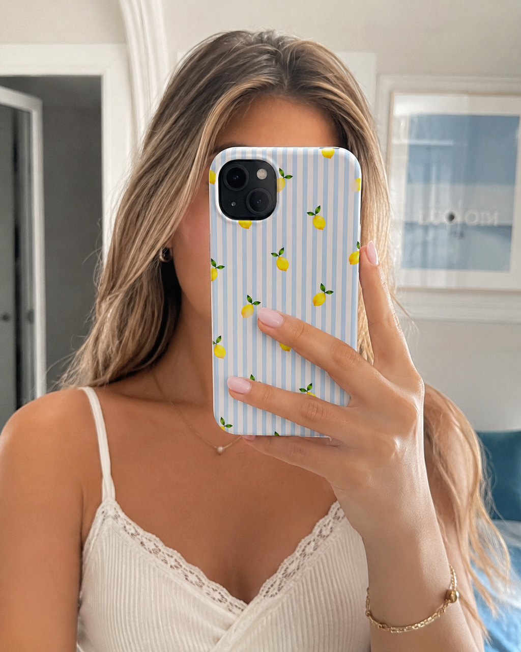 Lemon Blue Stripe Phone Case | Cute Summer Citrus iPhone & Samsung Case | Aesthetic Coastal Protective Cover | Gift for Her