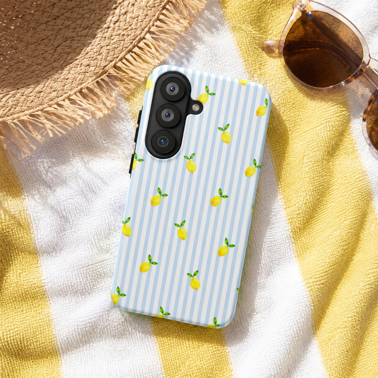 Lemon Blue Stripe Phone Case | Cute Summer Citrus iPhone & Samsung Case | Aesthetic Coastal Protective Cover | Gift for Her