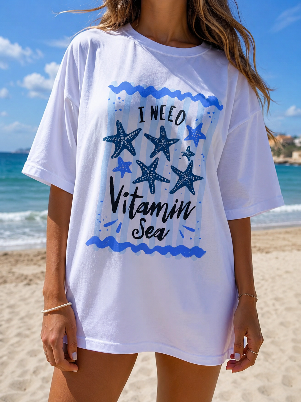 Vitamin Sea Beach Graphic Tee | Coastal Summer Shirt | Starfish Beach Lover T-Shirt | Cute Vacation Graphic Tee for Women | Starfish Beach Tee