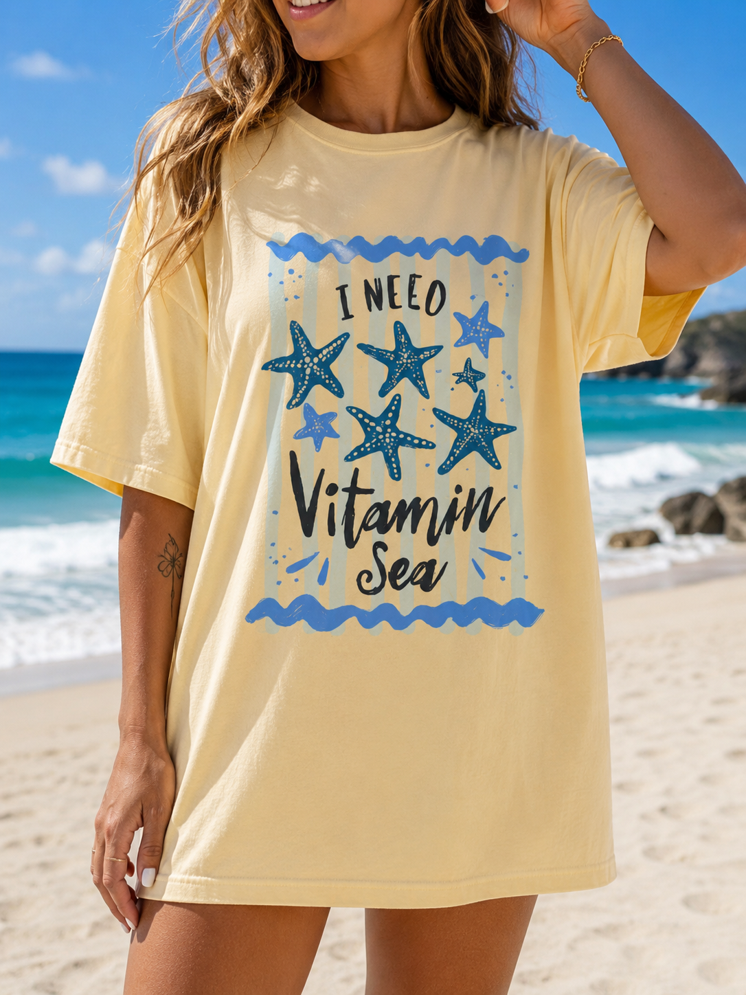 Vitamin Sea Beach Graphic Tee | Coastal Summer Shirt | Starfish Beach Lover T-Shirt | Cute Vacation Graphic Tee for Women | Starfish Beach Tee