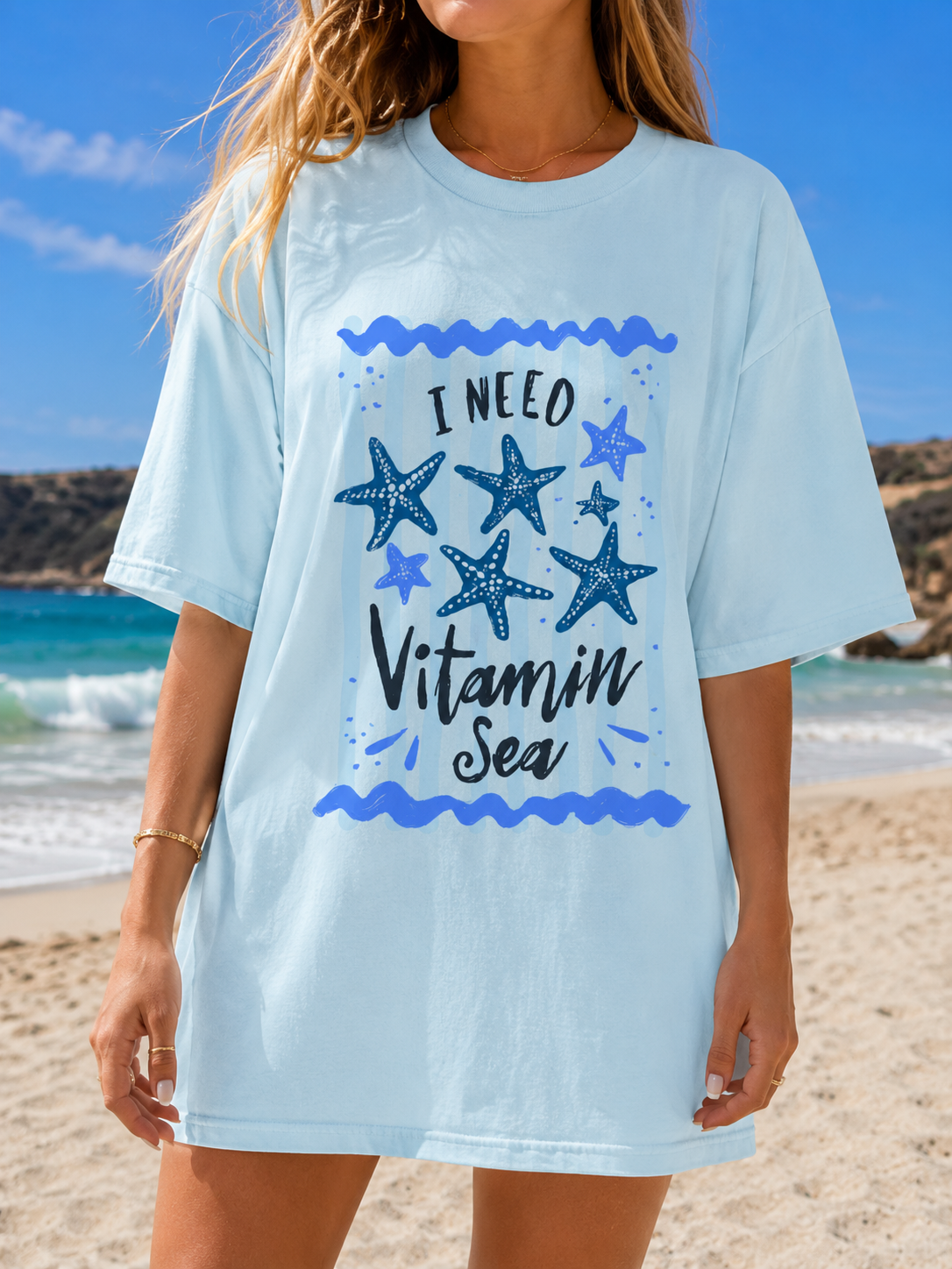 Vitamin Sea Beach Graphic Tee | Coastal Summer Shirt | Starfish Beach Lover T-Shirt | Cute Vacation Graphic Tee for Women | Starfish Beach Tee