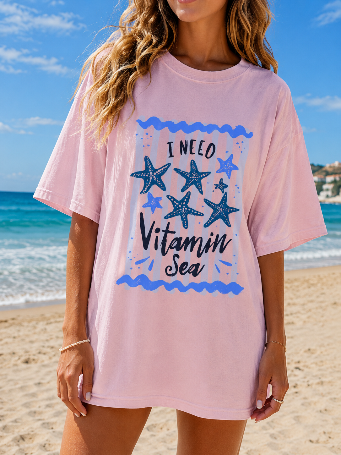 Vitamin Sea Beach Graphic Tee | Coastal Summer Shirt | Starfish Beach Lover T-Shirt | Cute Vacation Graphic Tee for Women | Starfish Beach Tee