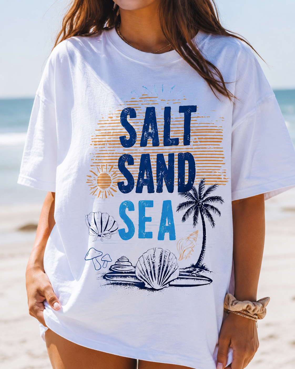 Salt Sand Sea Beach Graphic Tee | Oversized Coastal Summer Shirt | Comfort Colors Beach Lover T-Shirt | Vacation Graphic Tee