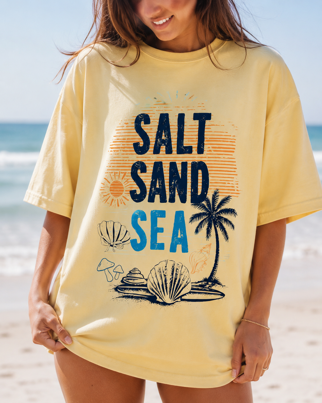Salt Sand Sea Beach Graphic Tee | Oversized Coastal Summer Shirt | Comfort Colors Beach Lover T-Shirt | Vacation Graphic Tee