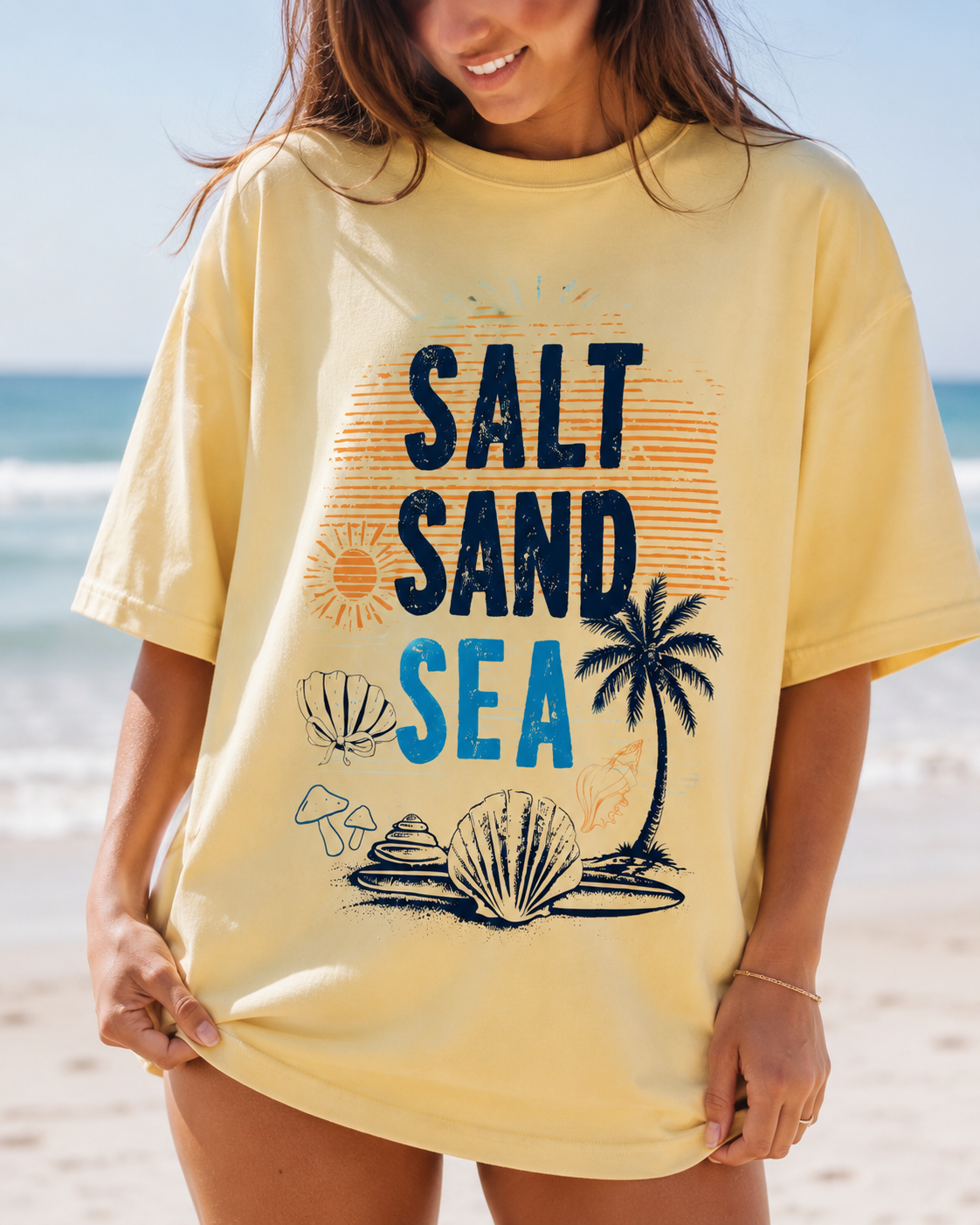 Salt Sand Sea Beach Graphic Tee | Oversized Coastal Summer Shirt | Comfort Colors Beach Lover T-Shirt | Vacation Graphic Tee