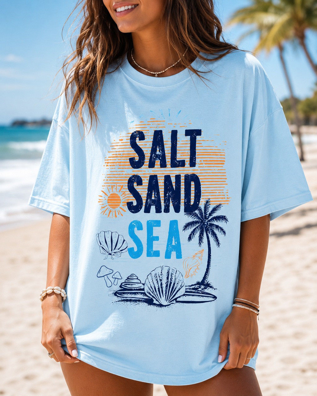 Salt Sand Sea Beach Graphic Tee | Oversized Coastal Summer Shirt | Comfort Colors Beach Lover T-Shirt | Vacation Graphic Tee
