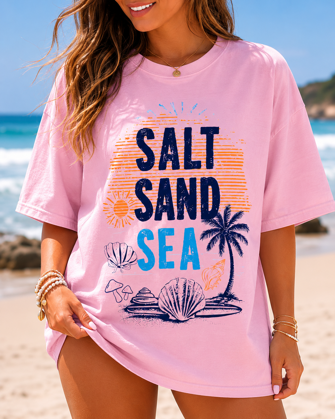 Salt Sand Sea Beach Graphic Tee | Oversized Coastal Summer Shirt | Comfort Colors Beach Lover T-Shirt | Vacation Graphic Tee