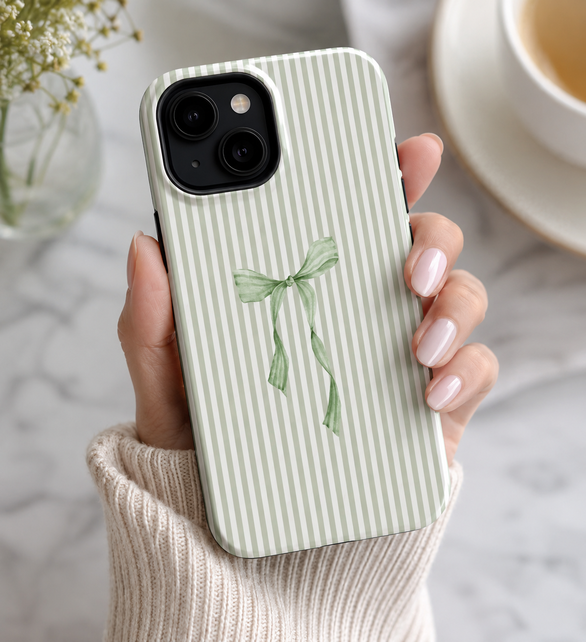 Sage Green Bow Phone Case | Coquette Striped iPhone Case | Feminine Aesthetic Cute Ribbon Phone Cover | Soft Girl Cottagecore Gift