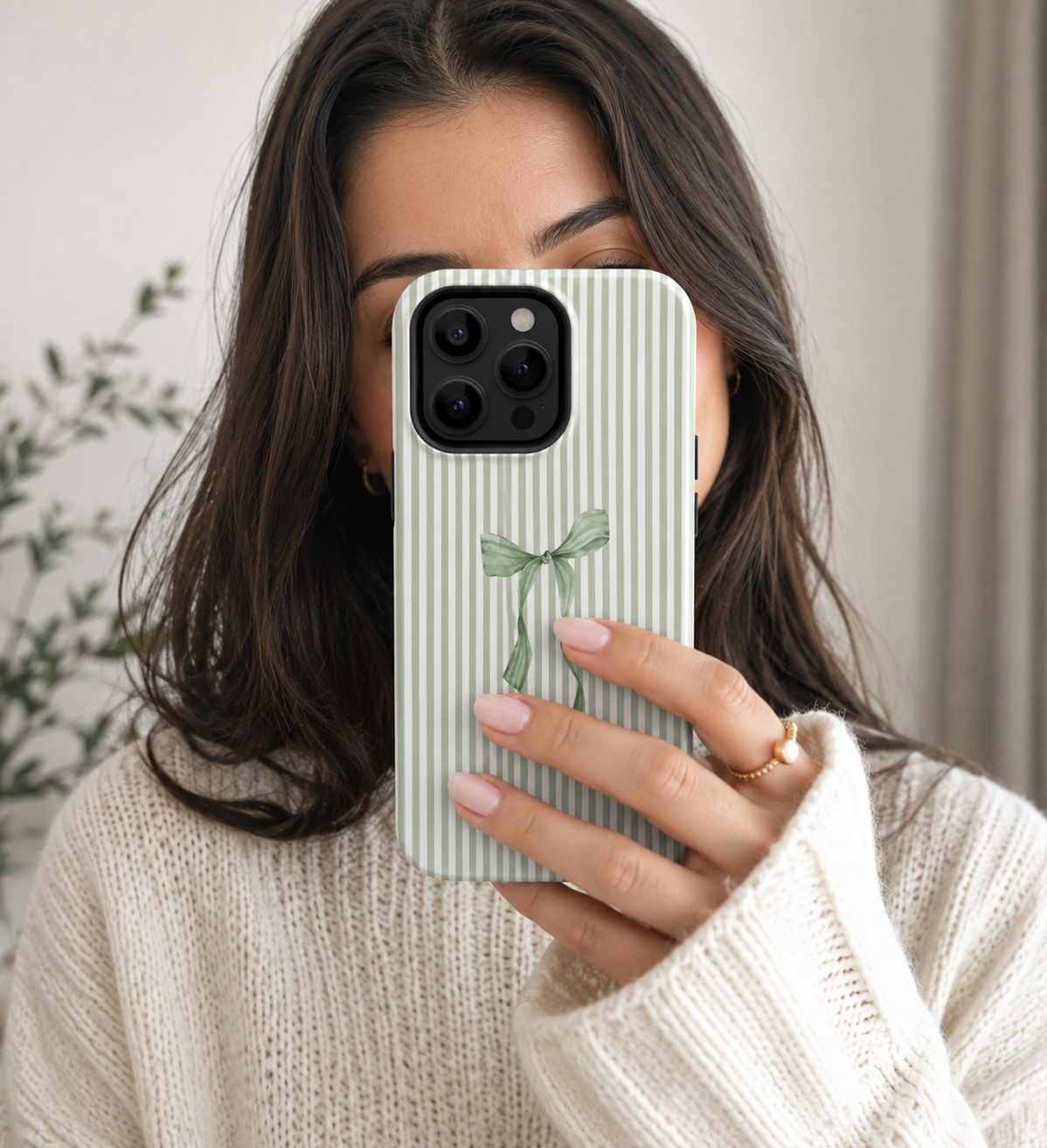 Sage Green Bow Phone Case | Coquette Striped iPhone Case | Feminine Aesthetic Cute Ribbon Phone Cover | Soft Girl Cottagecore Gift