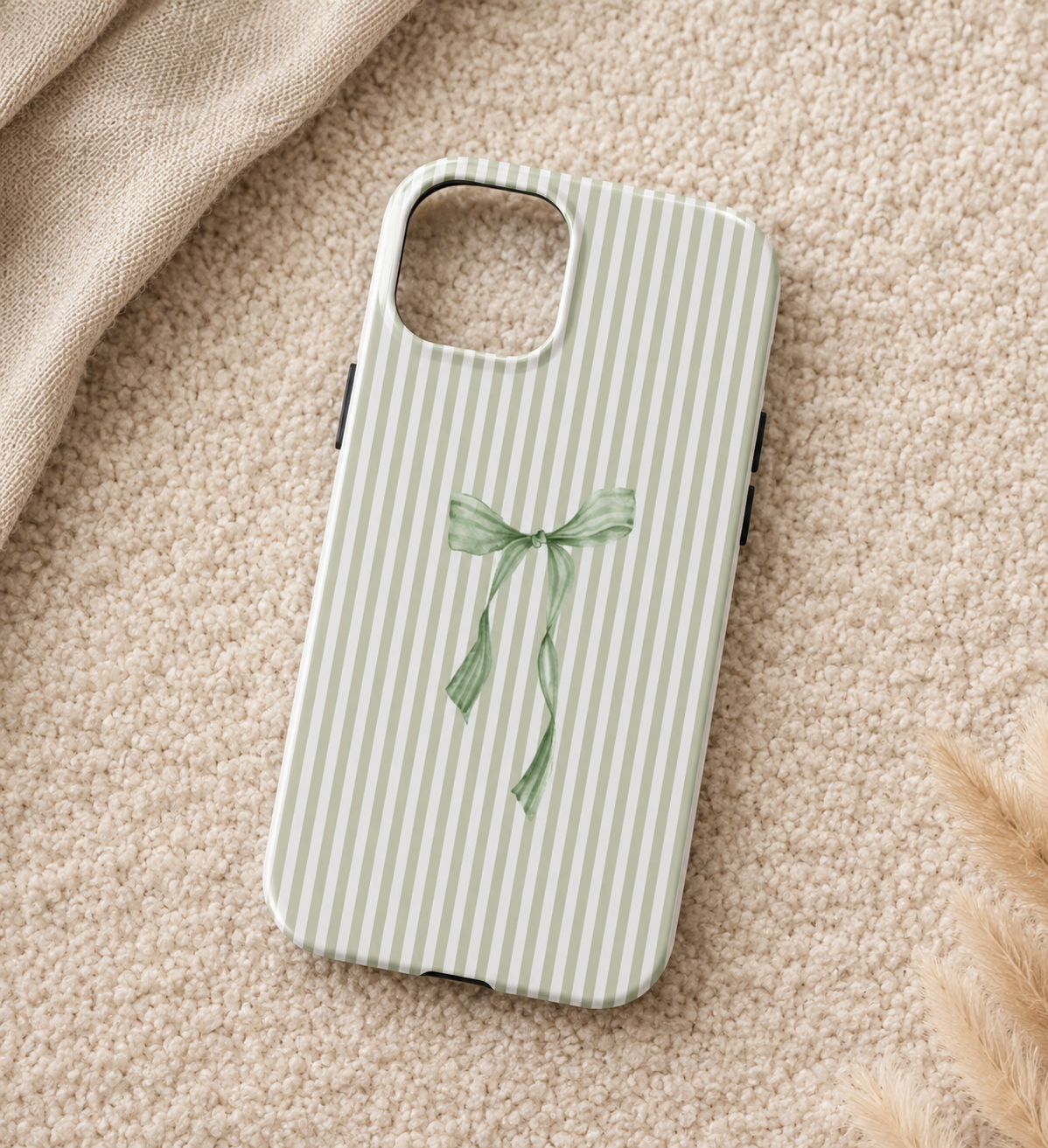 Sage Green Bow Phone Case | Coquette Striped iPhone Case | Feminine Aesthetic Cute Ribbon Phone Cover | Soft Girl Cottagecore Gift