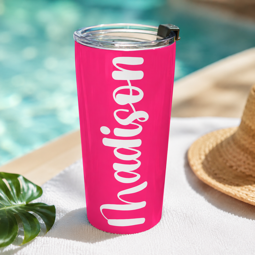 Personalized Pink Tumbler with Name | Custom 20oz Stainless Steel Insulated Travel Cup | Bridesmaid Gift | Birthday Gift for Her | Hot Pink Tumbler | Hot & Cold Insulated Cup