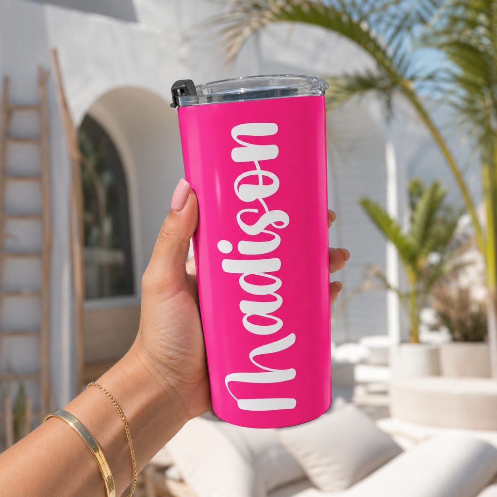 Personalized Pink Tumbler with Name | Custom 20oz Stainless Steel Insulated Travel Cup | Bridesmaid Gift | Birthday Gift for Her | Hot Pink Tumbler | Hot & Cold Insulated Cup