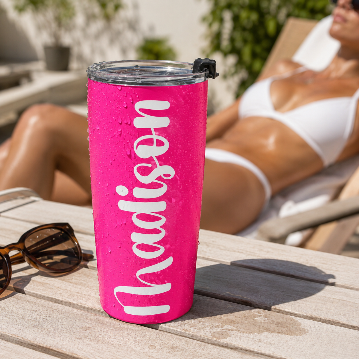 Personalized Pink Tumbler with Name | Custom 20oz Stainless Steel Insulated Travel Cup | Bridesmaid Gift | Birthday Gift for Her | Hot Pink Tumbler | Hot & Cold Insulated Cup