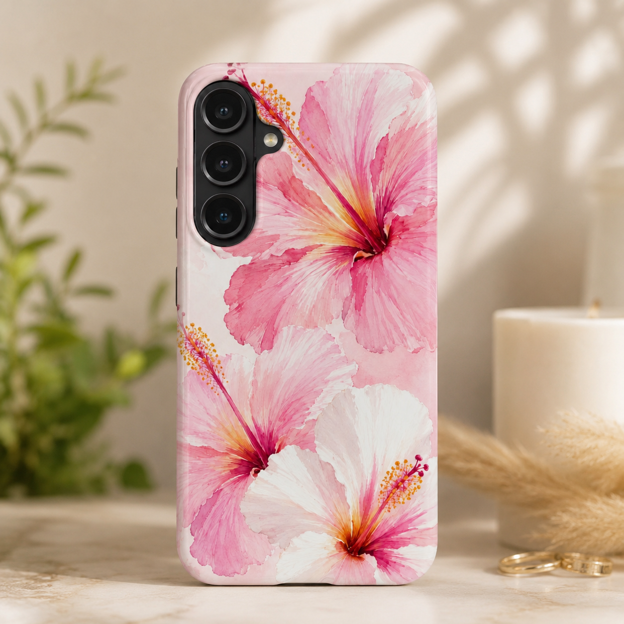Pink Watercolor Hibiscus Phone Case | Elegant Floral iPhone & Samsung Case | Tropical Botanical Protective Cover