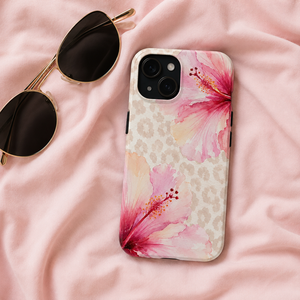 Pink Hibiscus Floral Phone Case | Beige Leopard Print Watercolor Case | Tropical Chic iPhone & Samsung Galaxy Cover