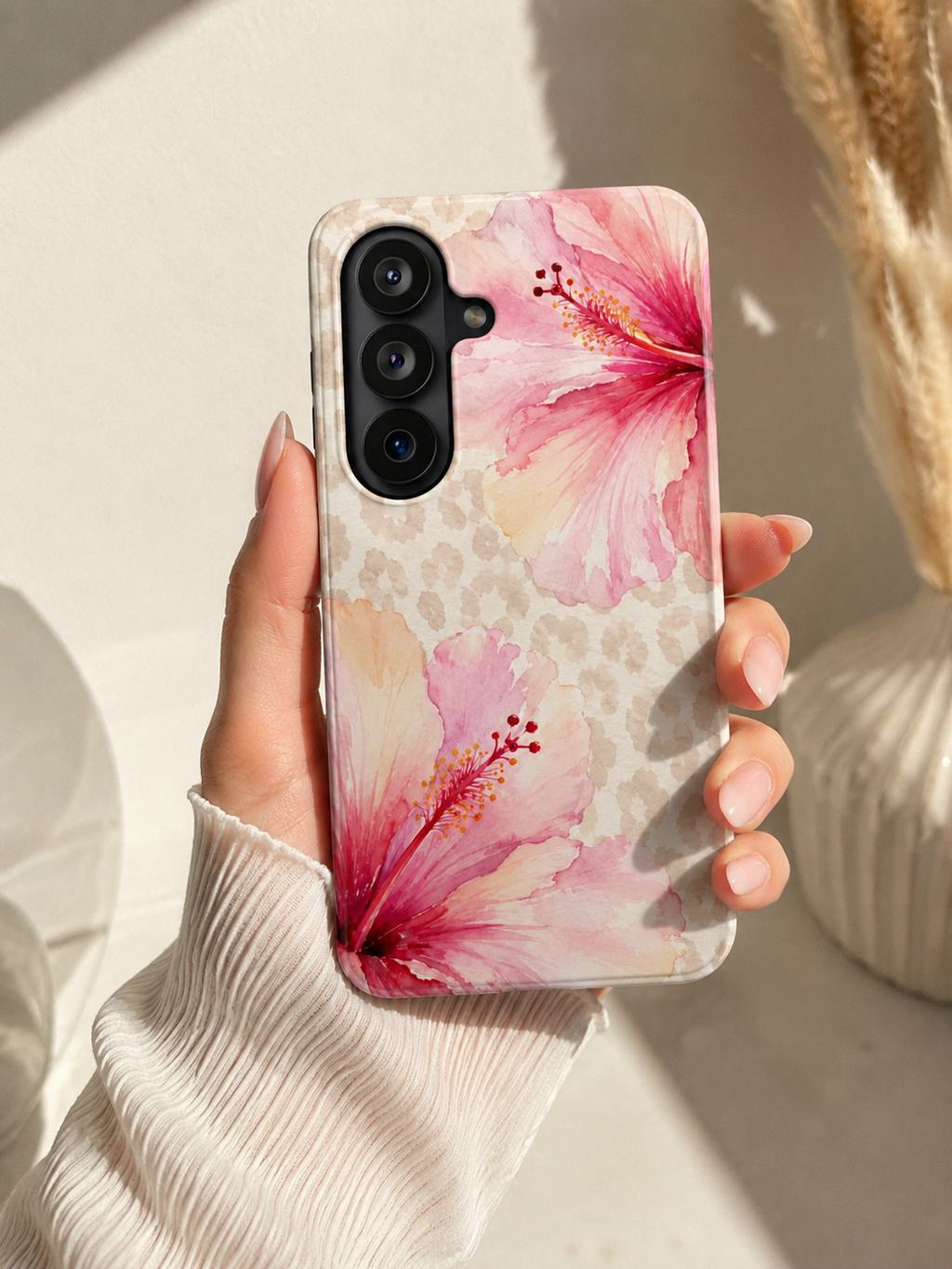 Pink Hibiscus Floral Phone Case | Beige Leopard Print Watercolor Case | Tropical Chic iPhone & Samsung Galaxy Cover