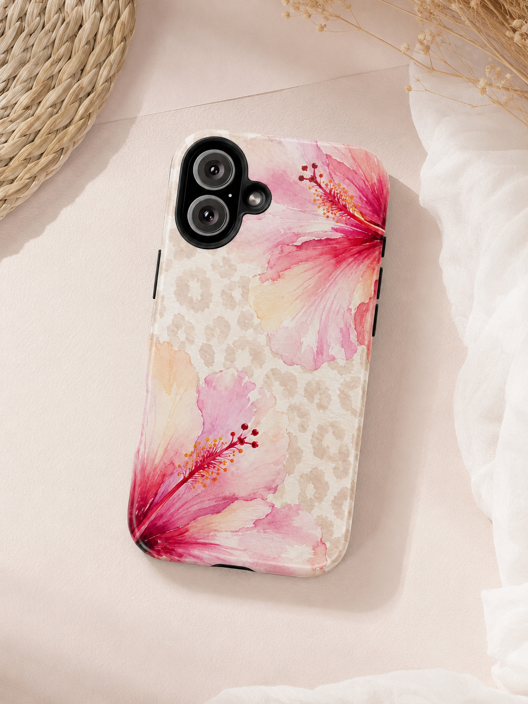 Pink Hibiscus Floral Phone Case | Beige Leopard Print Watercolor Case | Tropical Chic iPhone & Samsung Galaxy Cover