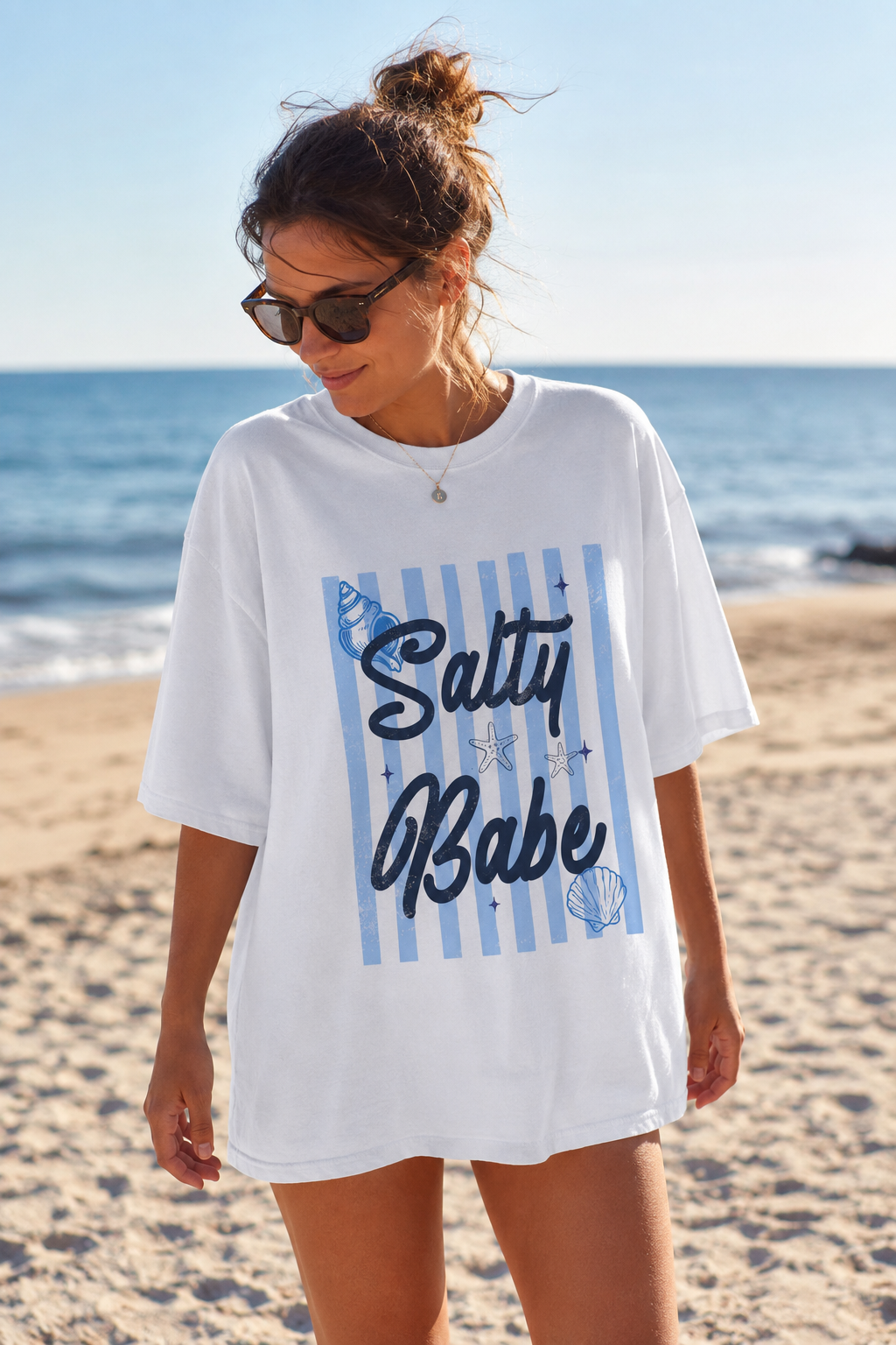 Salty Babe Beach Shirt | Coastal Graphic Tee | Oversized Summer T-Shirt | Cute Beach Vacation Shirt for Women | Seashell & Starfish Graphic