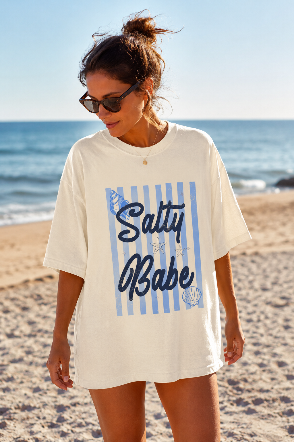 Salty Babe Beach Shirt | Coastal Graphic Tee | Oversized Summer T-Shirt | Cute Beach Vacation Shirt for Women | Seashell & Starfish Graphic