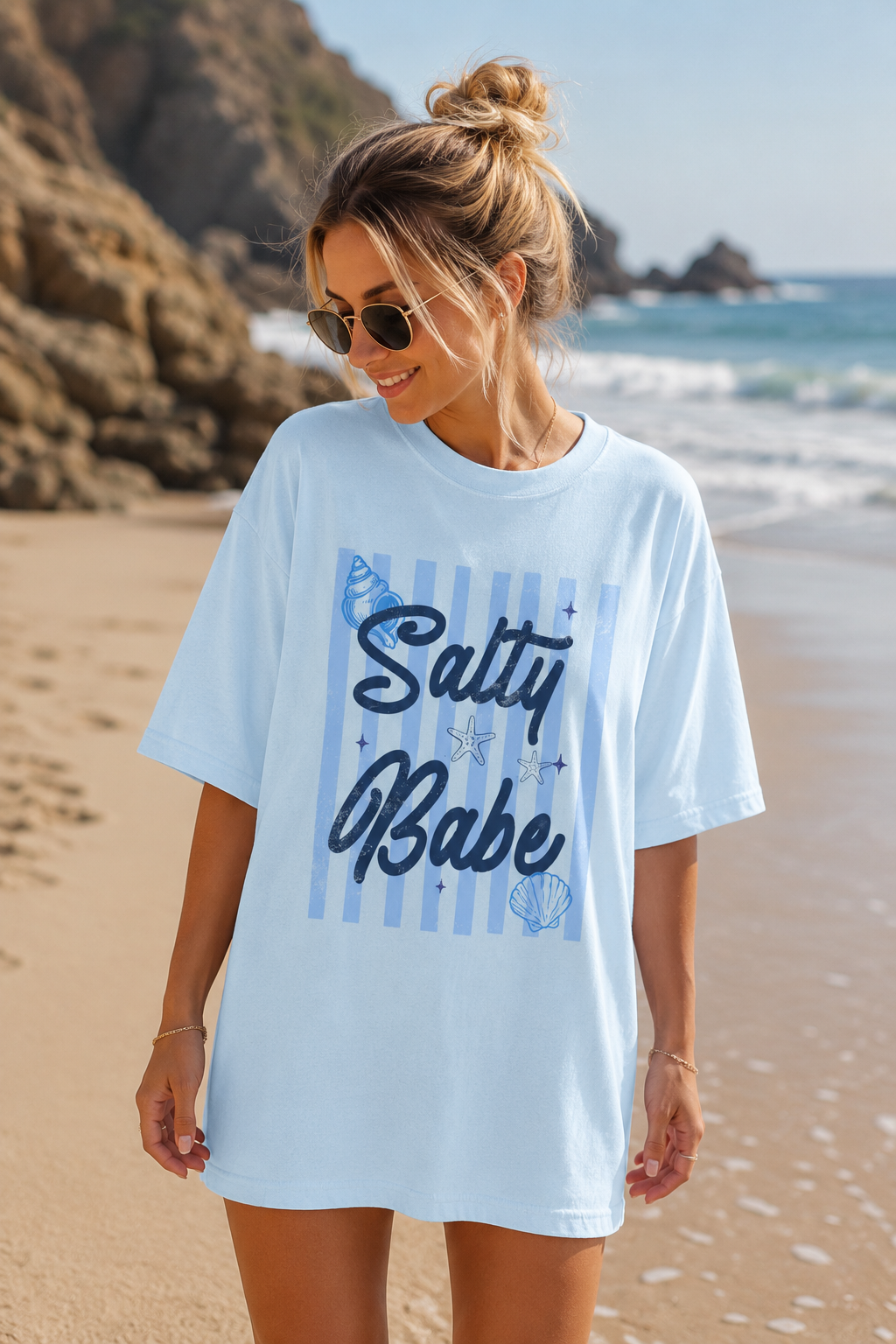 Salty Babe Beach Shirt | Coastal Graphic Tee | Oversized Summer T-Shirt | Cute Beach Vacation Shirt for Women | Seashell & Starfish Graphic
