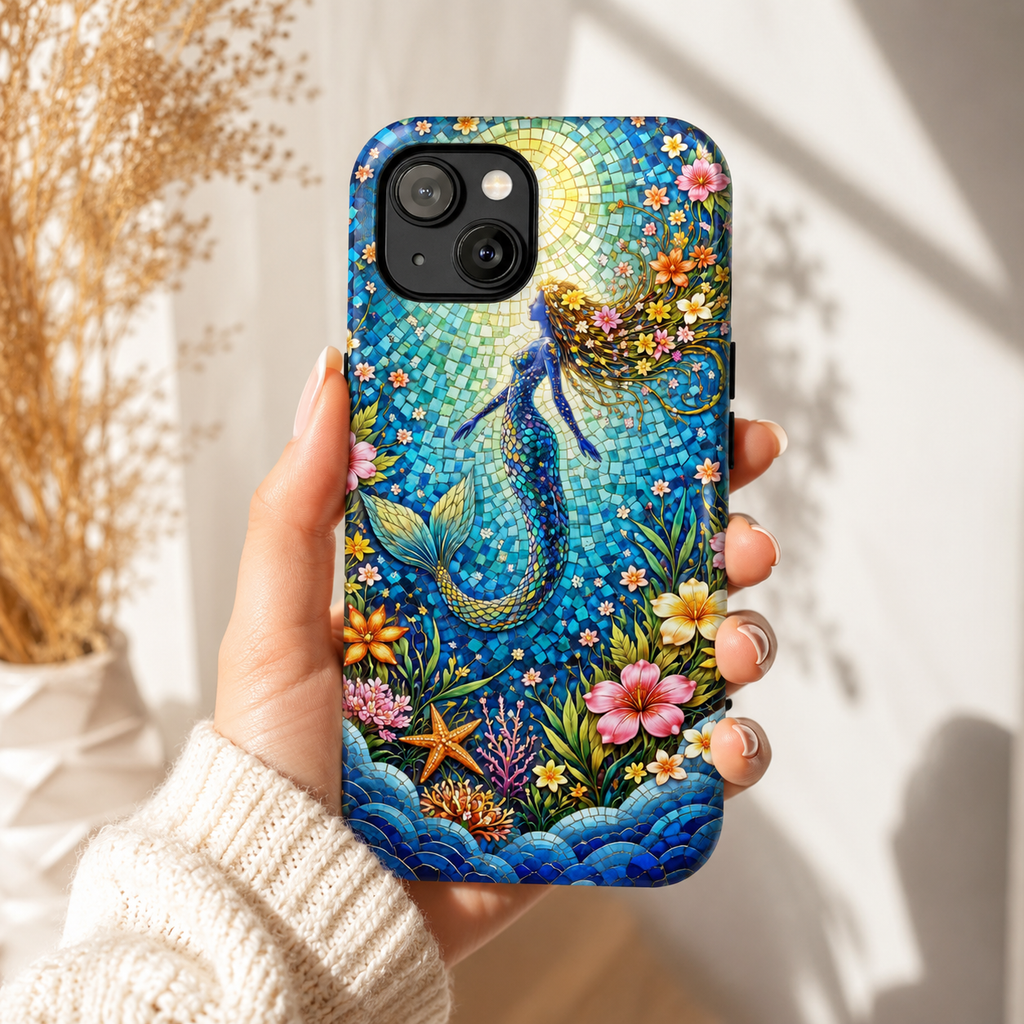 Mermaid Mosaic Phone Case | Coastal Ocean Floral Tough Case | Beach Lover iPhone & Samsung Cover | Tropical Mermaid Aesthetic Gift