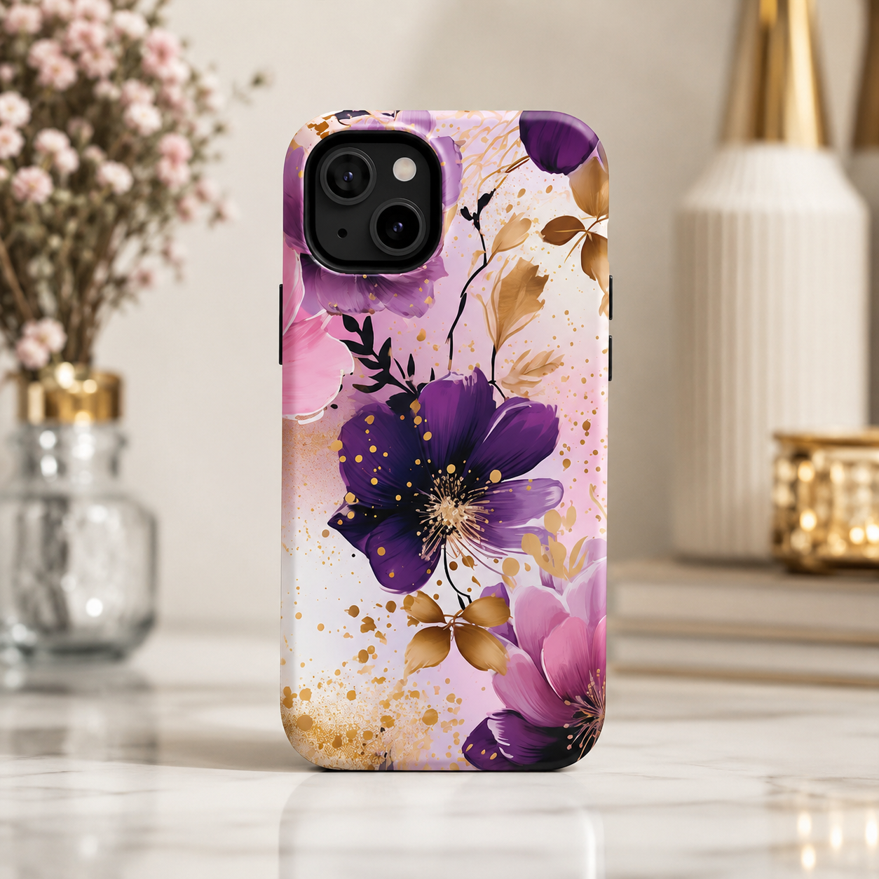 Purple Floral Phone Case for iPhone & Samsung Galaxy | Elegant Pink & Gold Flower Tough Case | Feminine Protective Floral Cover