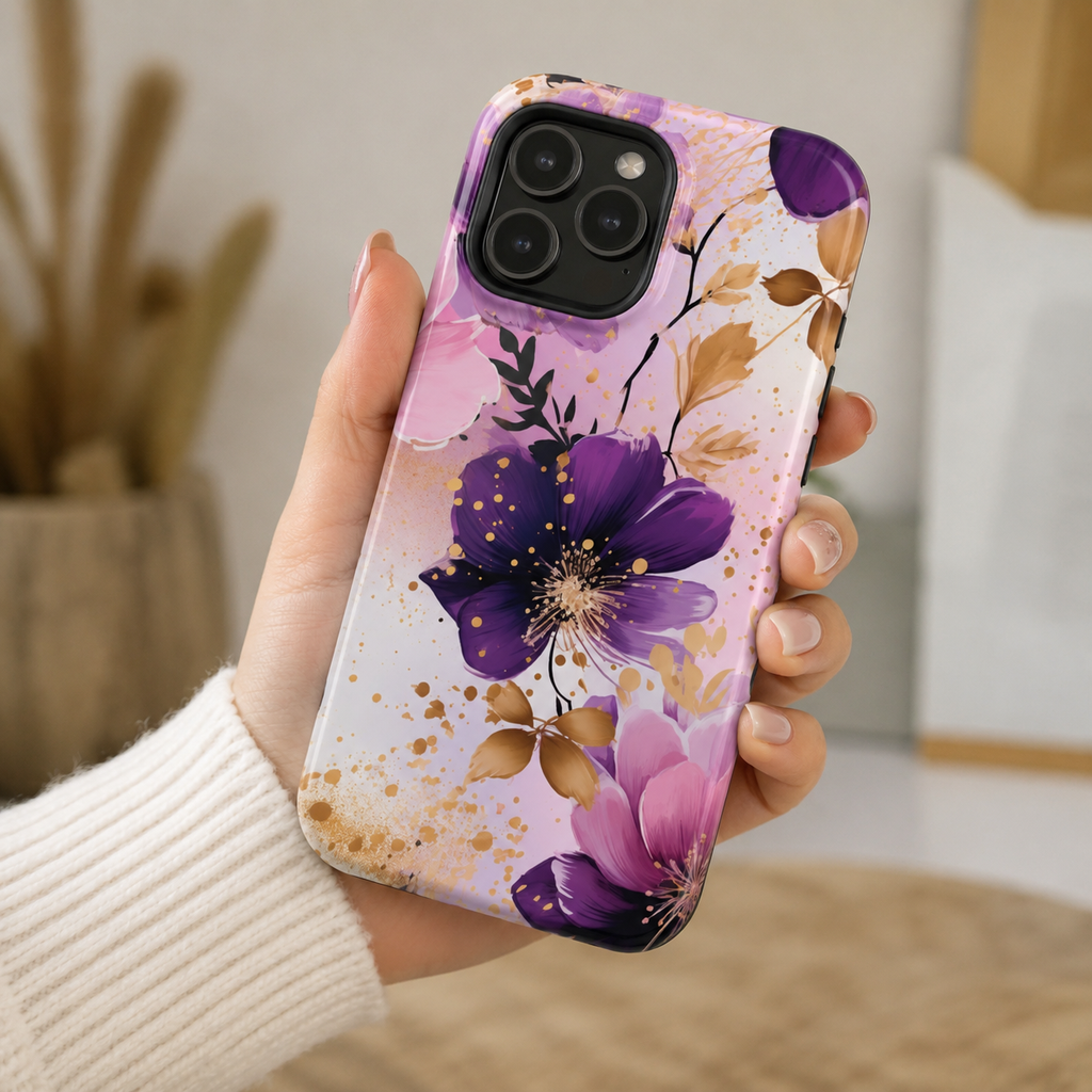 Purple Floral Phone Case for iPhone & Samsung Galaxy | Elegant Pink & Gold Flower Tough Case | Feminine Protective Floral Cover
