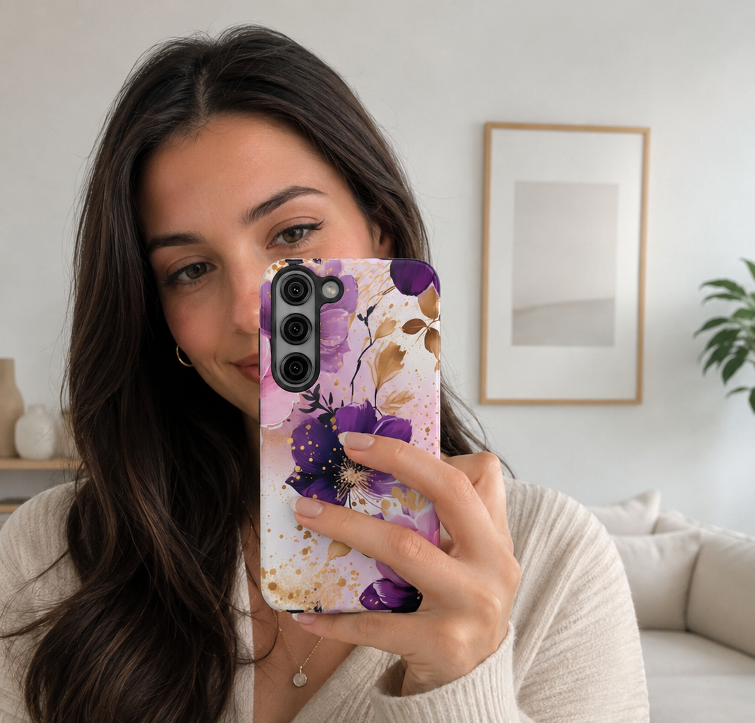 Purple Floral Phone Case for iPhone & Samsung Galaxy | Elegant Pink & Gold Flower Tough Case | Feminine Protective Floral Cover