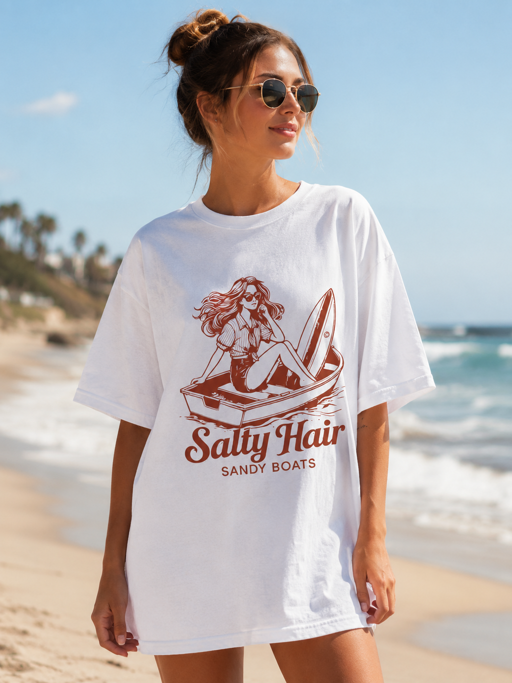 Salty Hair Sandy Boats Beach T-Shirt | Retro Coastal Graphic Tee | Vintage Summer Vacation Shirt