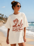 Salty Hair Sandy Boats Beach T-Shirt | Retro Coastal Graphic Tee | Vintage Summer Vacation Shirt