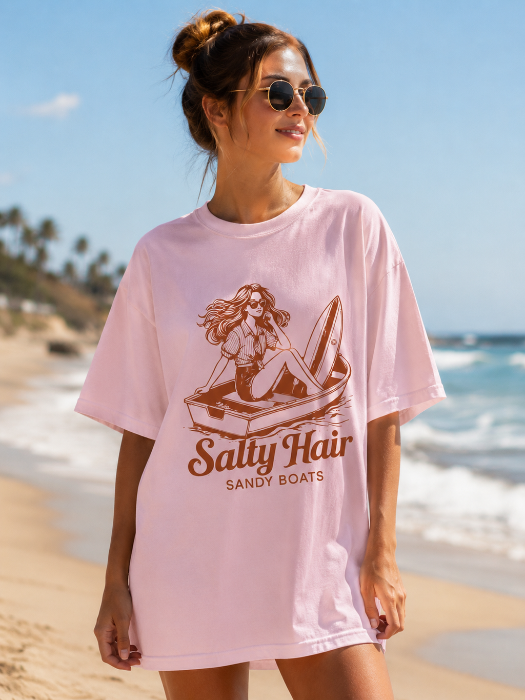 Salty Hair Sandy Boats Beach T-Shirt | Retro Coastal Graphic Tee | Vintage Summer Vacation Shirt