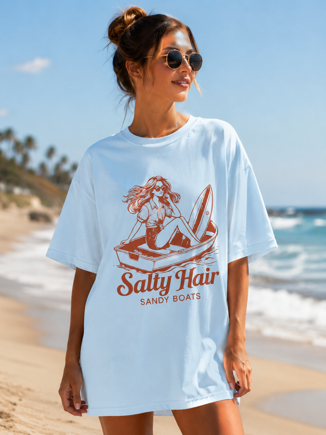 Salty Hair Sandy Boats Beach T-Shirt | Retro Coastal Graphic Tee | Vintage Summer Vacation Shirt