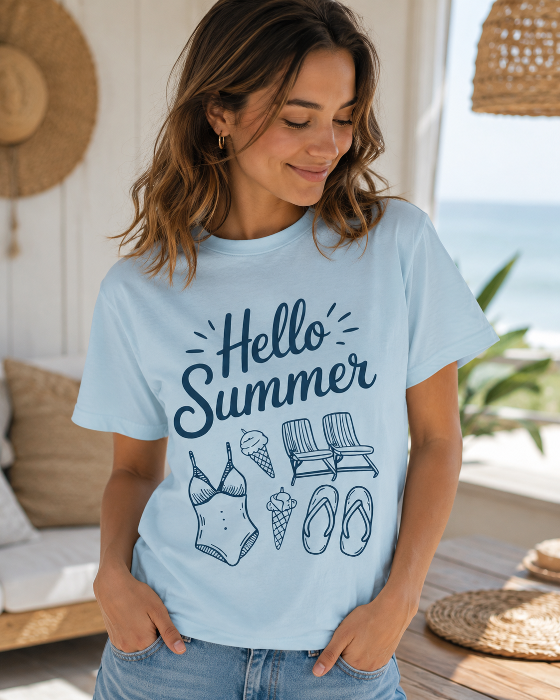 Hello Summer Beach Shirt | Cute Summer Graphic Tee | Coastal Vacation T-Shirt | Trendy Beach Outfit | Aesthetic Summer Tee for Women
