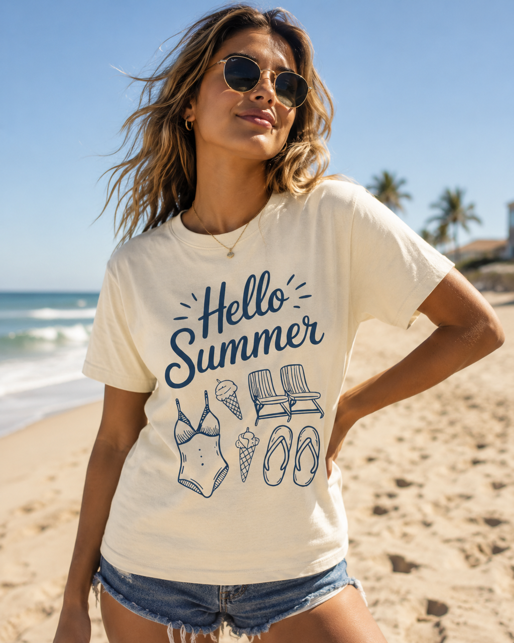 Hello Summer Beach Shirt | Cute Summer Graphic Tee | Coastal Vacation T-Shirt | Trendy Beach Outfit | Aesthetic Summer Tee for Women