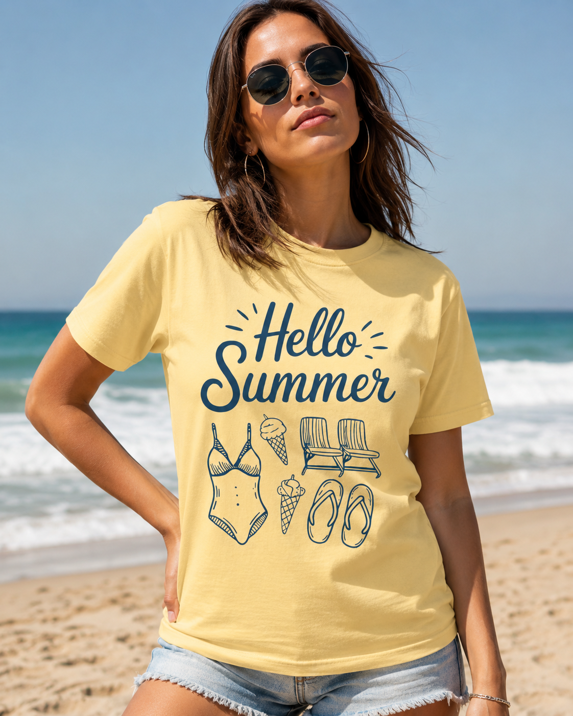 Hello Summer Beach Shirt | Cute Summer Graphic Tee | Coastal Vacation T-Shirt | Trendy Beach Outfit | Aesthetic Summer Tee for Women